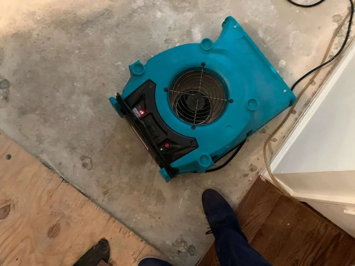 Air mover drying subfloor during Leak Detection & Repair in Decorah